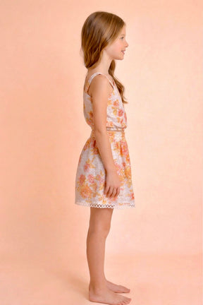Floral Schiffli Pure Cotton White Orange One Should Top and Skirt Co-ord Set for Kids Girls