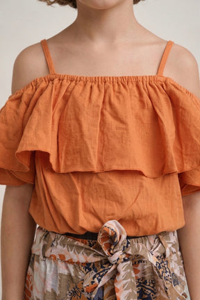 Orange Abstract Print Drop Shoulder Co-ord set for Girls