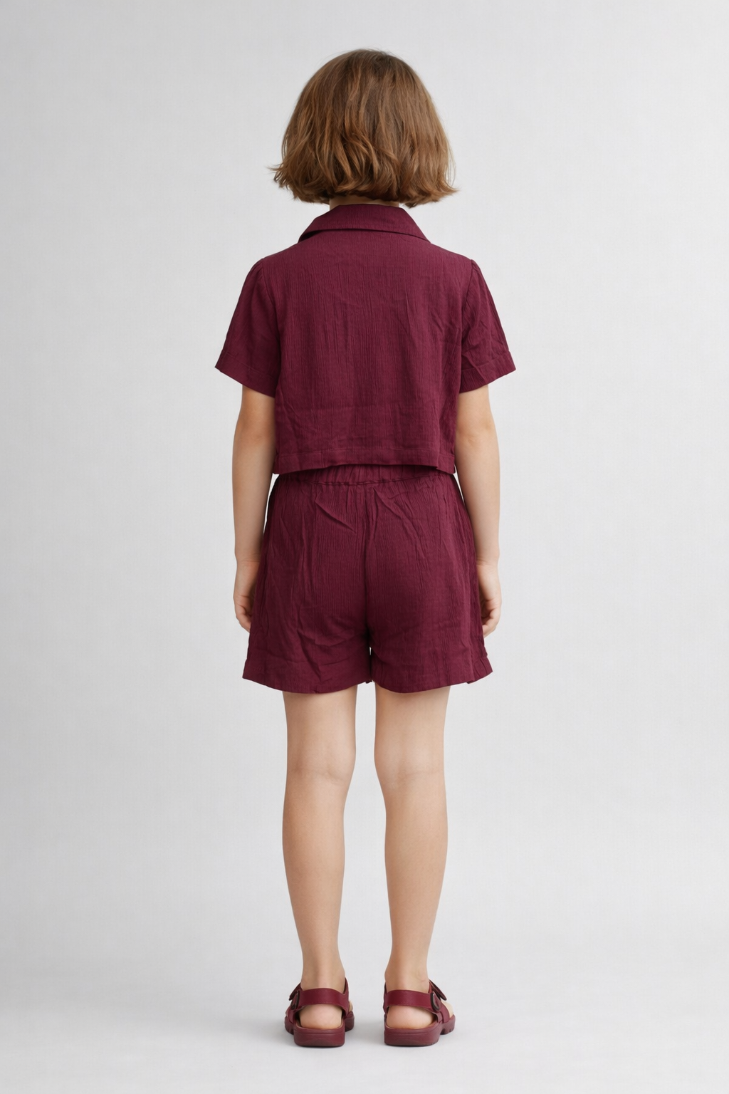 Crinkle Wine color Co-Ord Set in Crepe for Girls