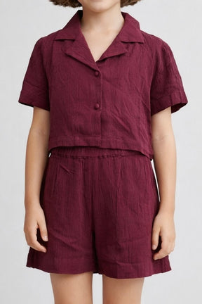 Crinkle Wine color Co-Ord Set in Crepe for Girls