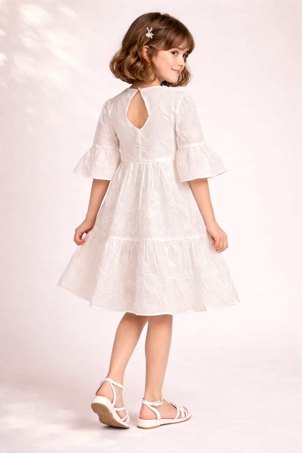 Natural blended White Floral Embroidery A-line Dress for Girls
