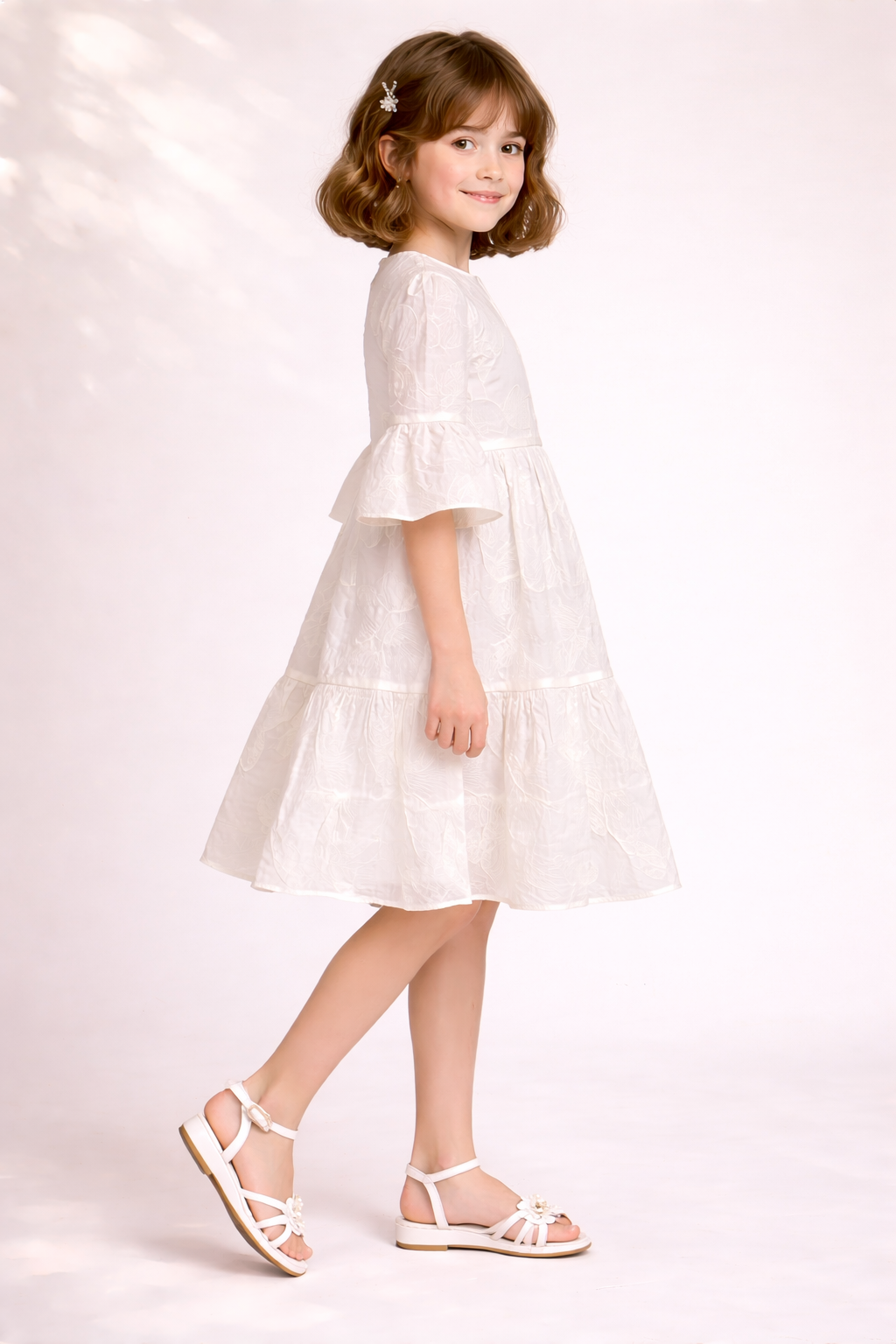 Natural blended White Floral Embroidery A-line Dress for Girls