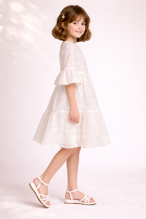 Natural blended White Floral Embroidery A-line Dress for Girls