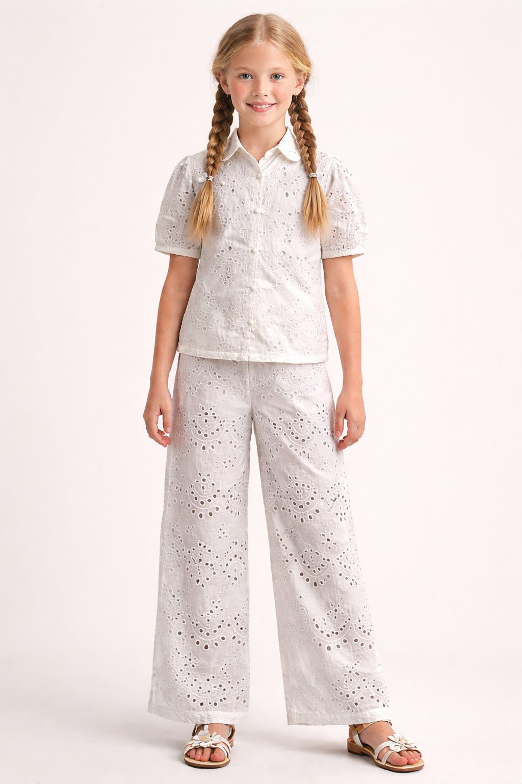 White Cotton Schiffli Co-ord Set with Cotton Lining for Girls