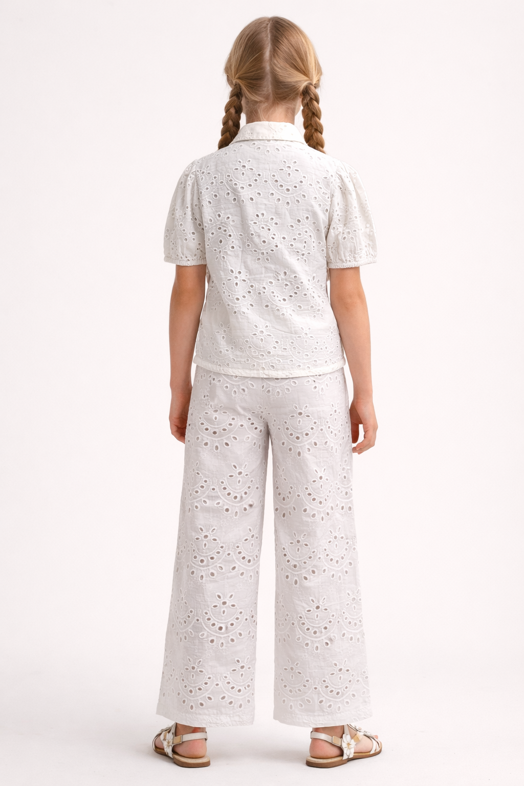 White Cotton Schiffli Co-ord Set with Cotton Lining for Girls