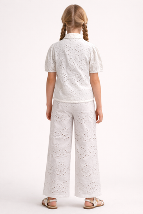 White Cotton Schiffli Co-ord Set with Cotton Lining for Girls