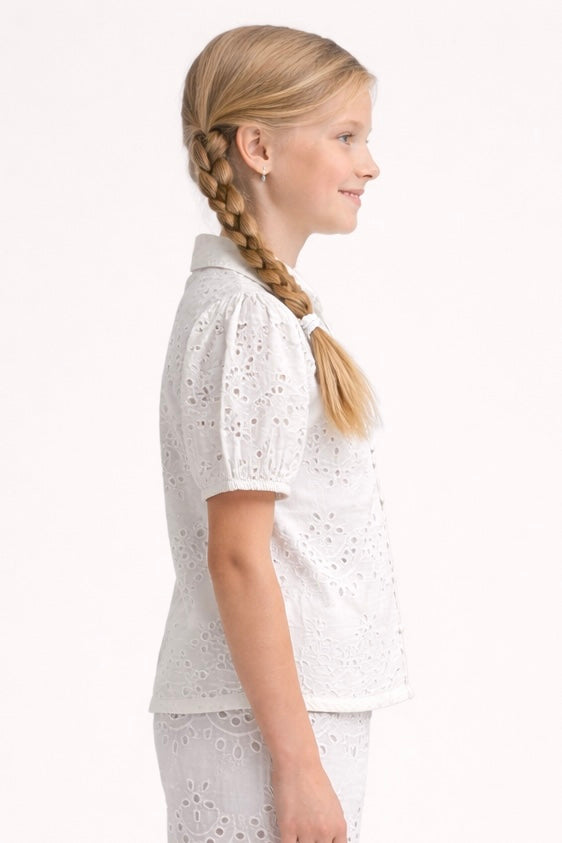 White Cotton Schiffli Co-ord Set with Cotton Lining for Girls