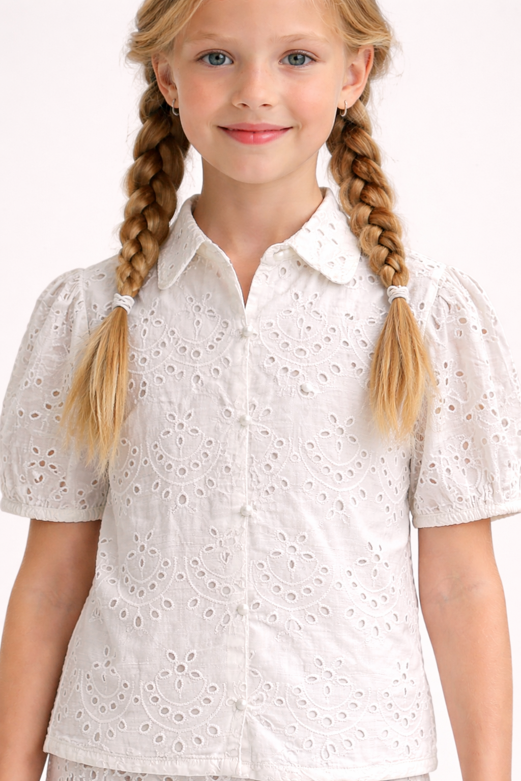 White Cotton Schiffli Co-ord Set with Cotton Lining for Girls