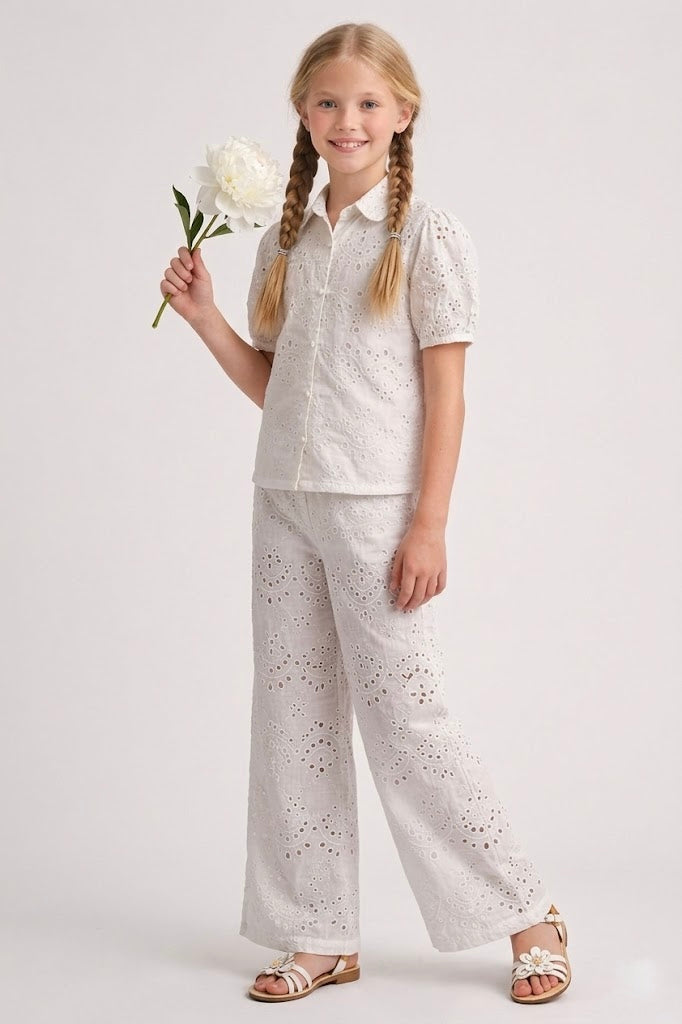 White Cotton Schiffli Co-ord Set with Cotton Lining for Girls