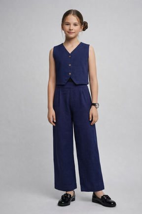 Navy Blue Gauze Textured Sleeveless Pure Cotton Co-ord Set for Girls