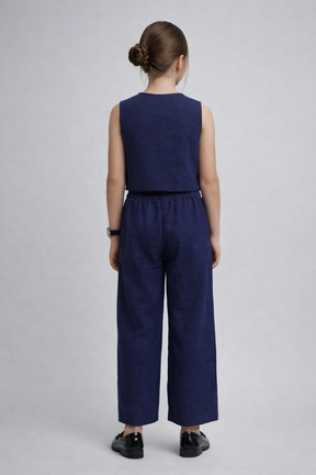 Navy Blue Gauze Textured Sleeveless Pure Cotton Co-ord Set for Girls