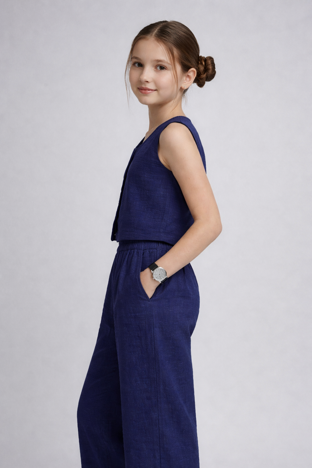 Navy Blue Gauze Textured Sleeveless Pure Cotton Co-ord Set for Girls