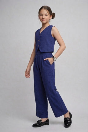 Navy Blue Gauze Textured Sleeveless Pure Cotton Co-ord Set for Girls