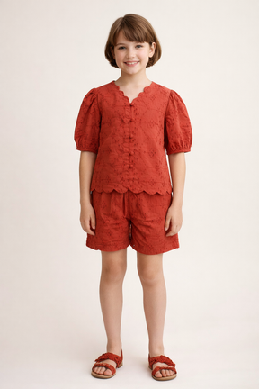 Rust Brown Cotton Schiffli Top and Bottom Co-ord set for Girls