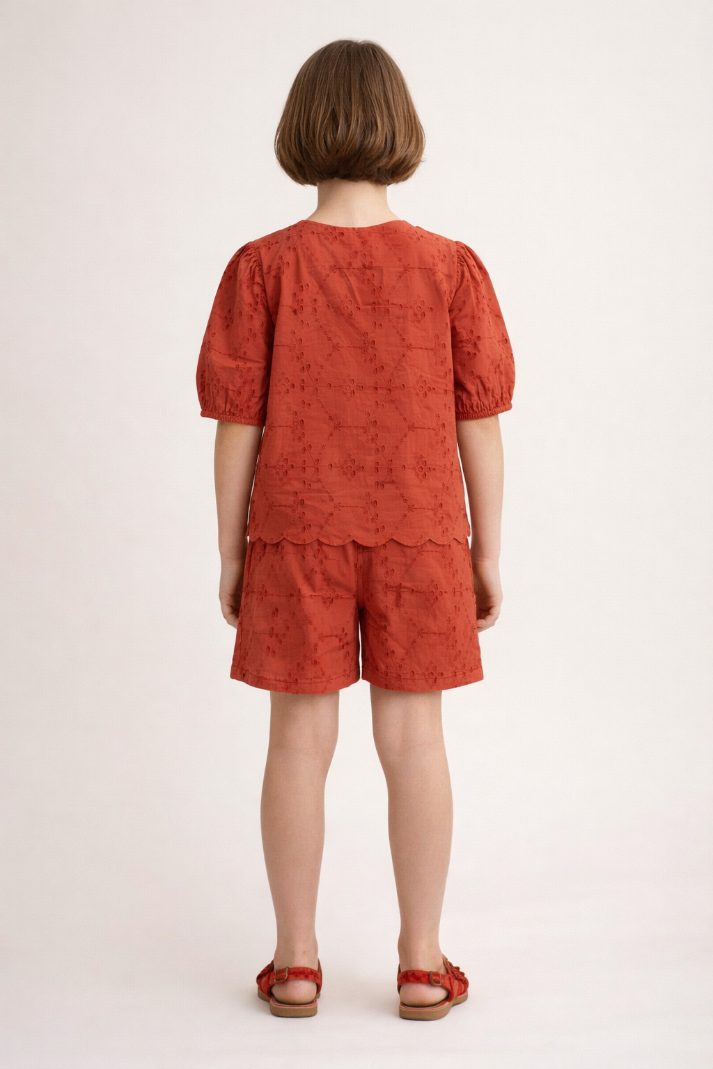 Rust Brown Cotton Schiffli Top and Bottom Co-ord set for Girls