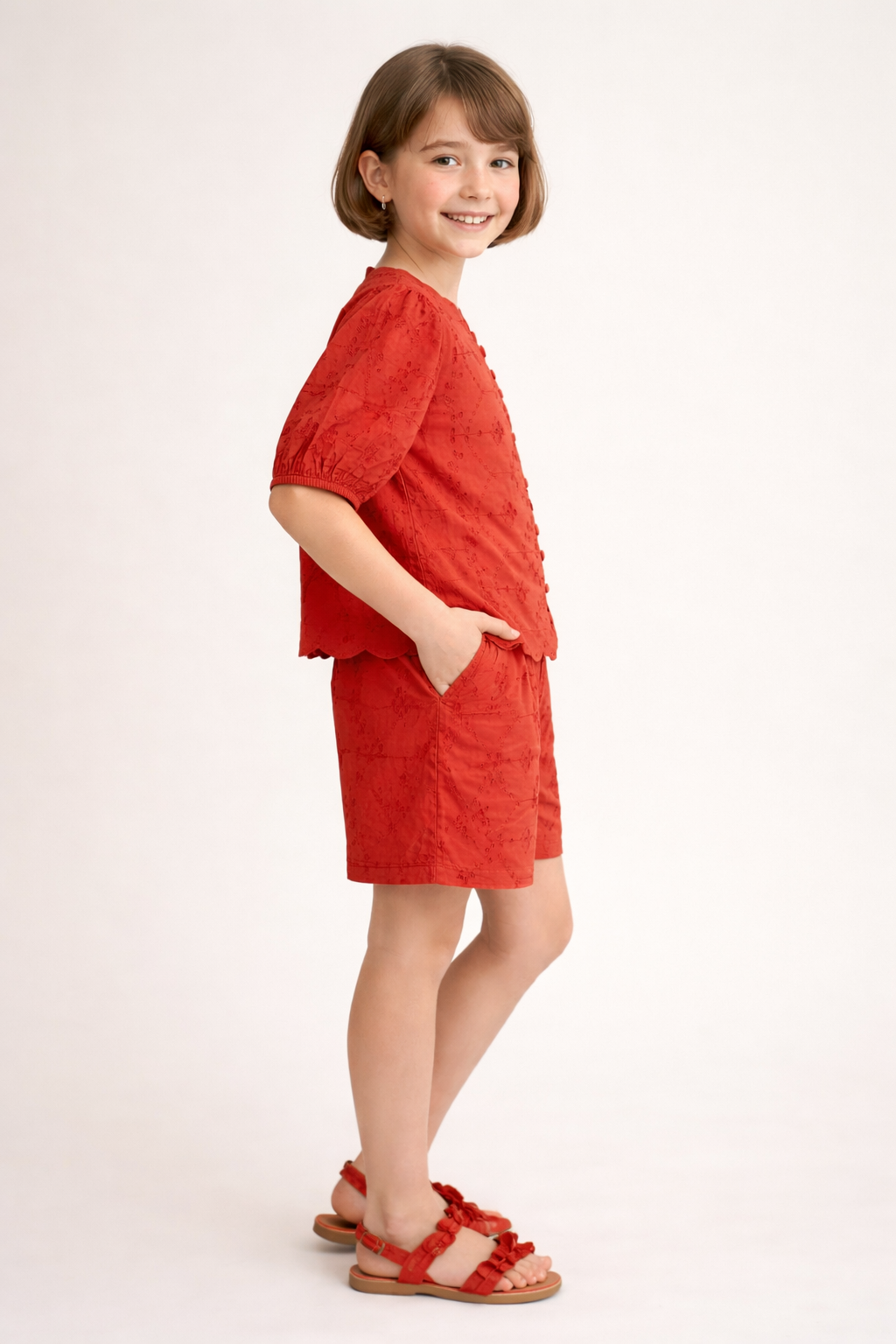 Rust Brown Cotton Schiffli Top and Bottom Co-ord set for Girls