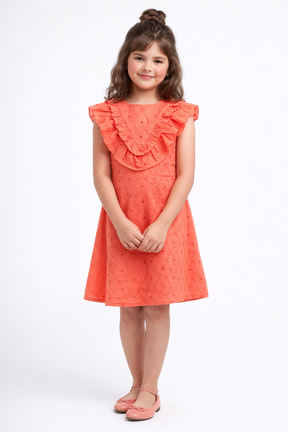 Kalina Orange Cotton Schflly Dress for Girls