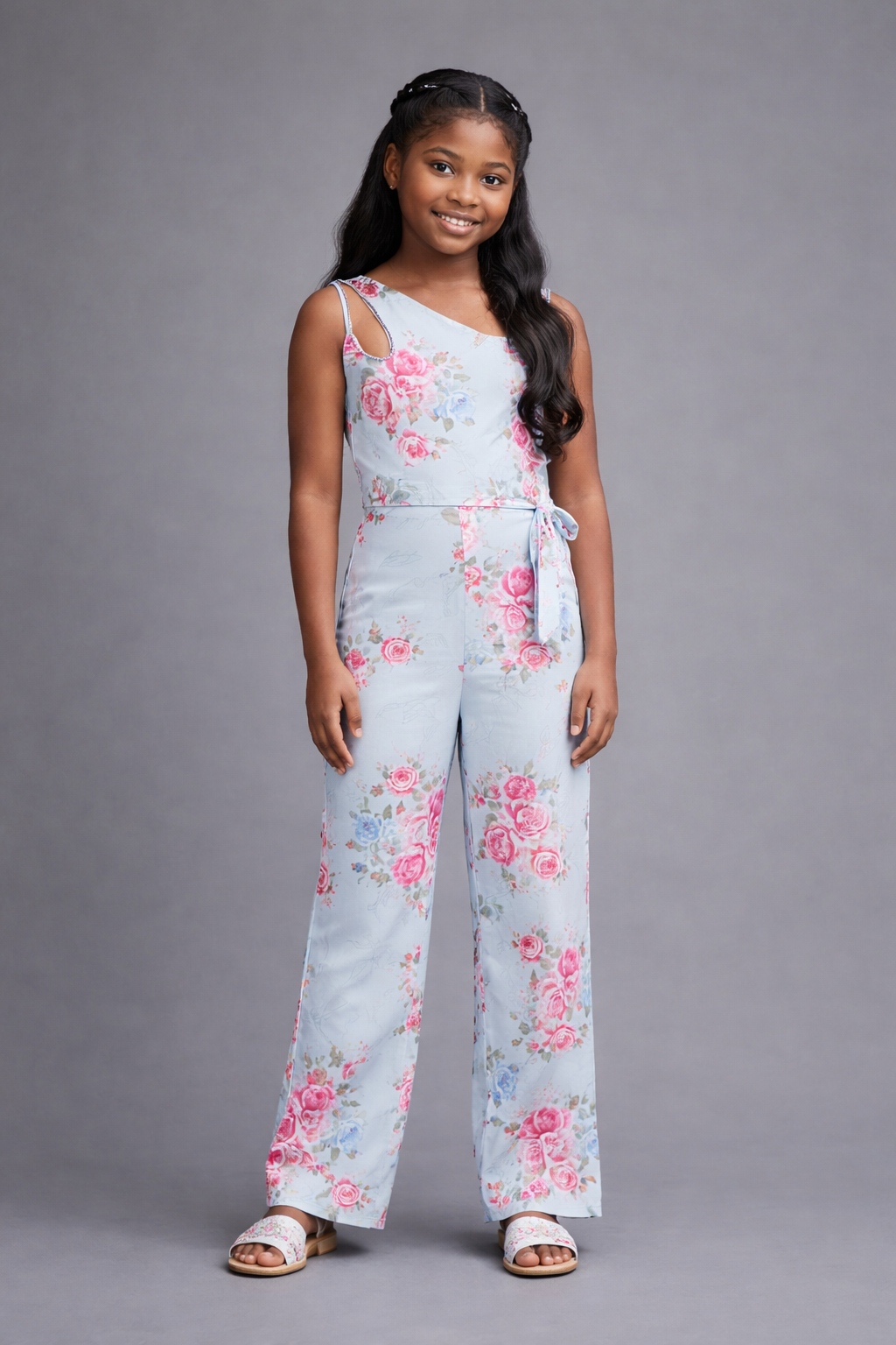 Light Blue One Shoulder Floral Jumpsuit for Girls