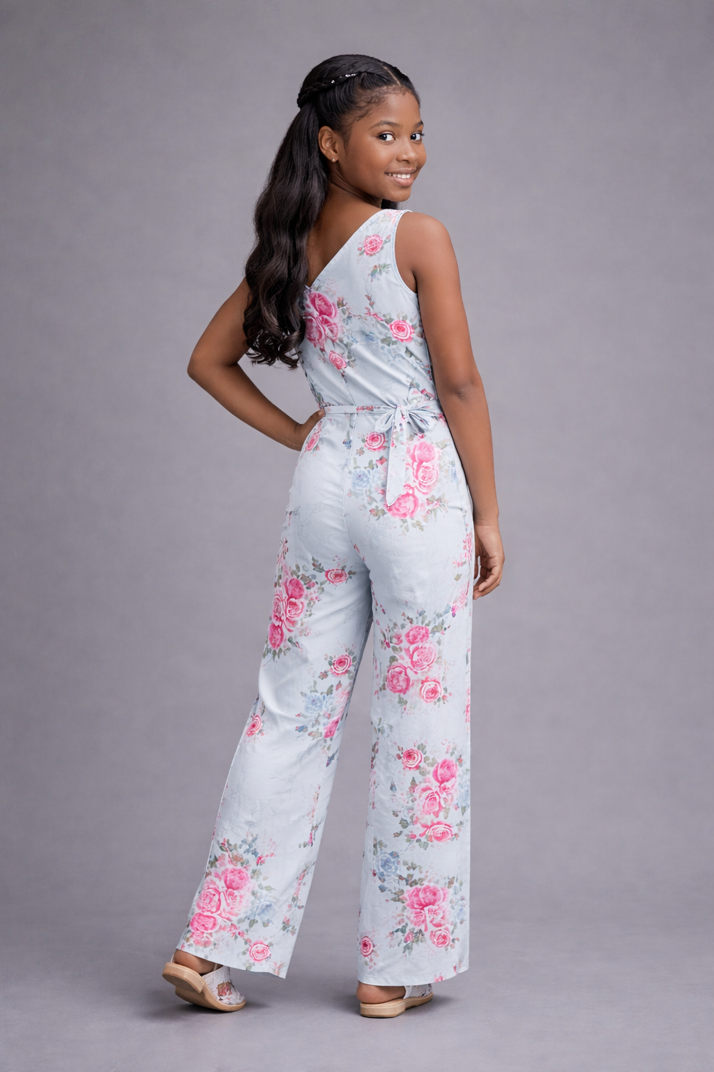 Light Blue One Shoulder Floral Jumpsuit for Girls
