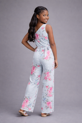 Light Blue One Shoulder Floral Jumpsuit for Girls