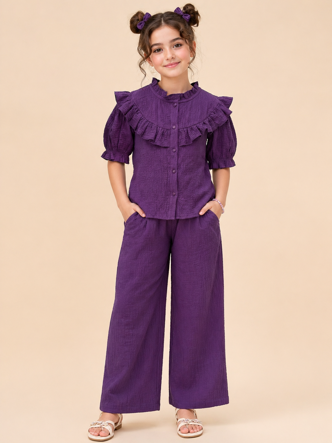 Electric Purple Pure Cotton Co-ord Set for Kids Girls