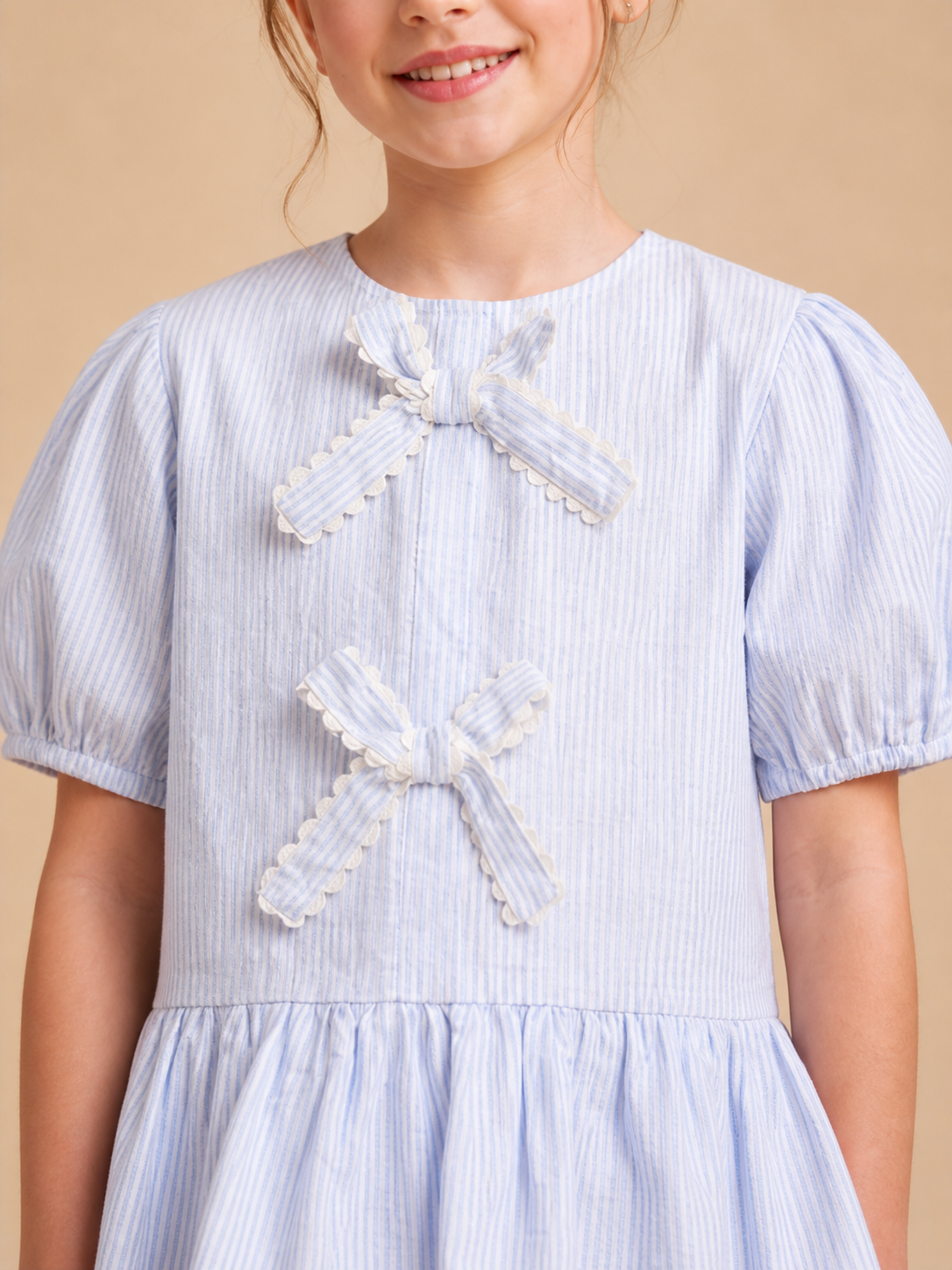 Powder Blue Striped Puff Sleeves Co-ord Set for Girls