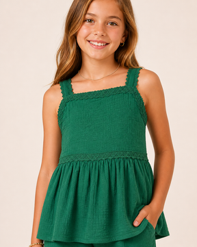 Pure Cotton Gauze Fabric Sleeveless Bottle Green Co-ord set for Girls