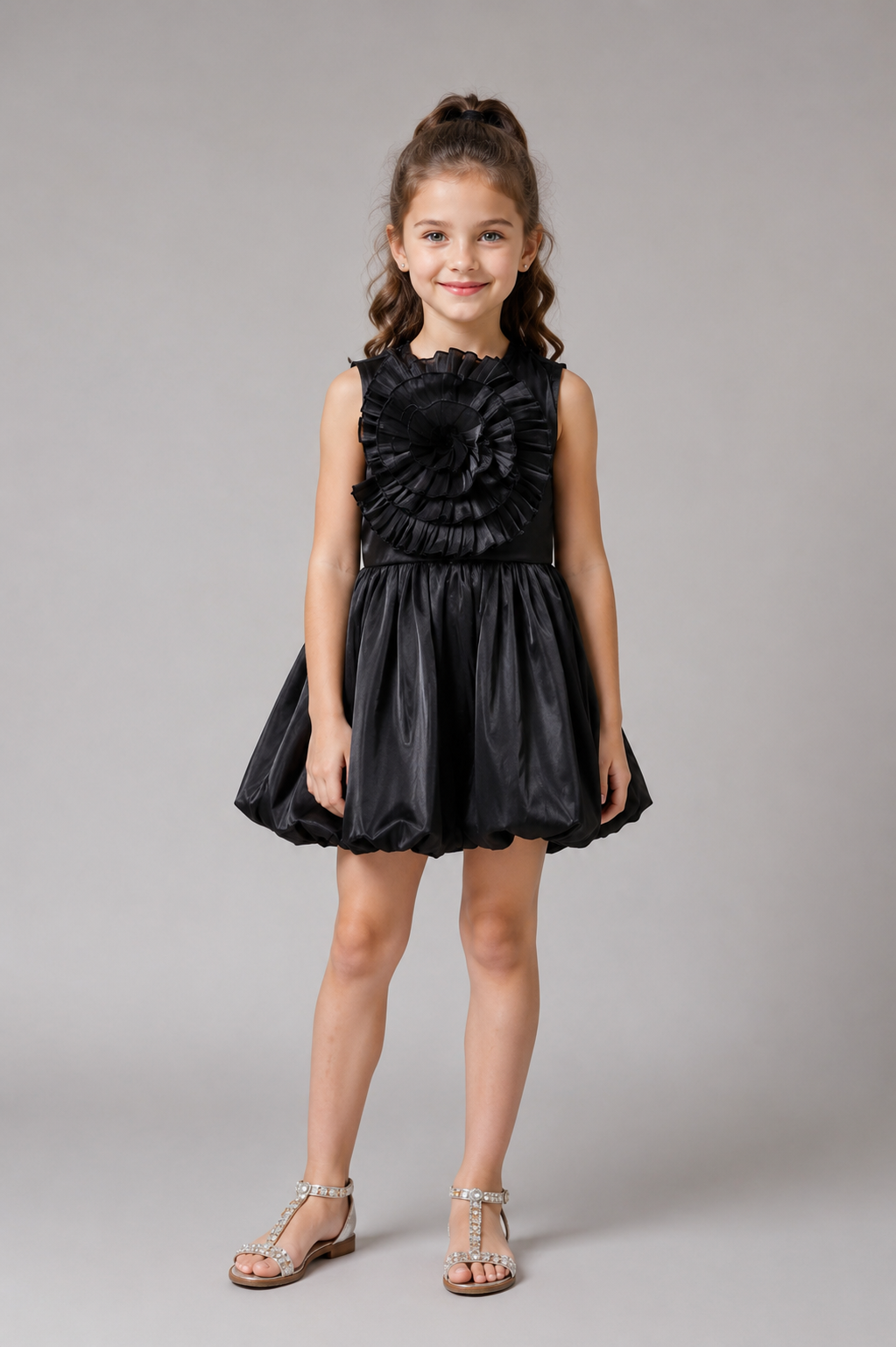 Midnight Blooms Partywear Dress  with Polyester lining made by Silk Organza Fabric for Girls