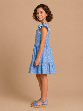 Floral Sky Blue Schiffli Sleeveless Dress for Kids Girl
