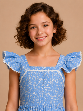 Floral Sky Blue Schiffli Sleeveless Dress for Kids Girl