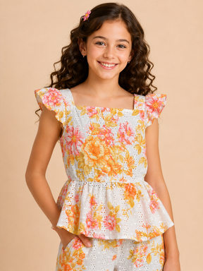 Yellow Floral Cotton Schiffli Sleeveless Top & Bottom Co-ord Set for Kids Girl