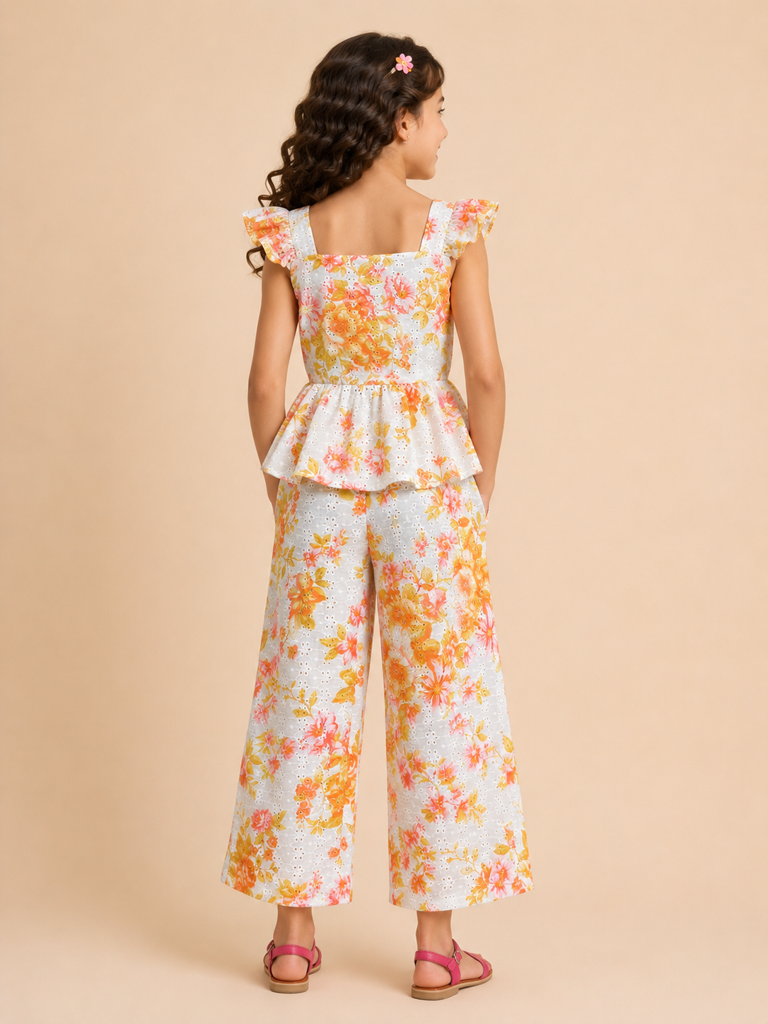 Yellow Floral Cotton Schiffli Sleeveless Top & Bottom Co-ord Set for Kids Girl