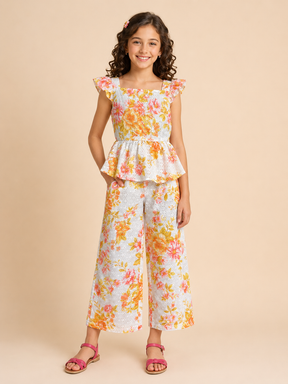 Yellow Floral Cotton Schiffli Sleeveless Top & Bottom Co-ord Set for Kids Girl