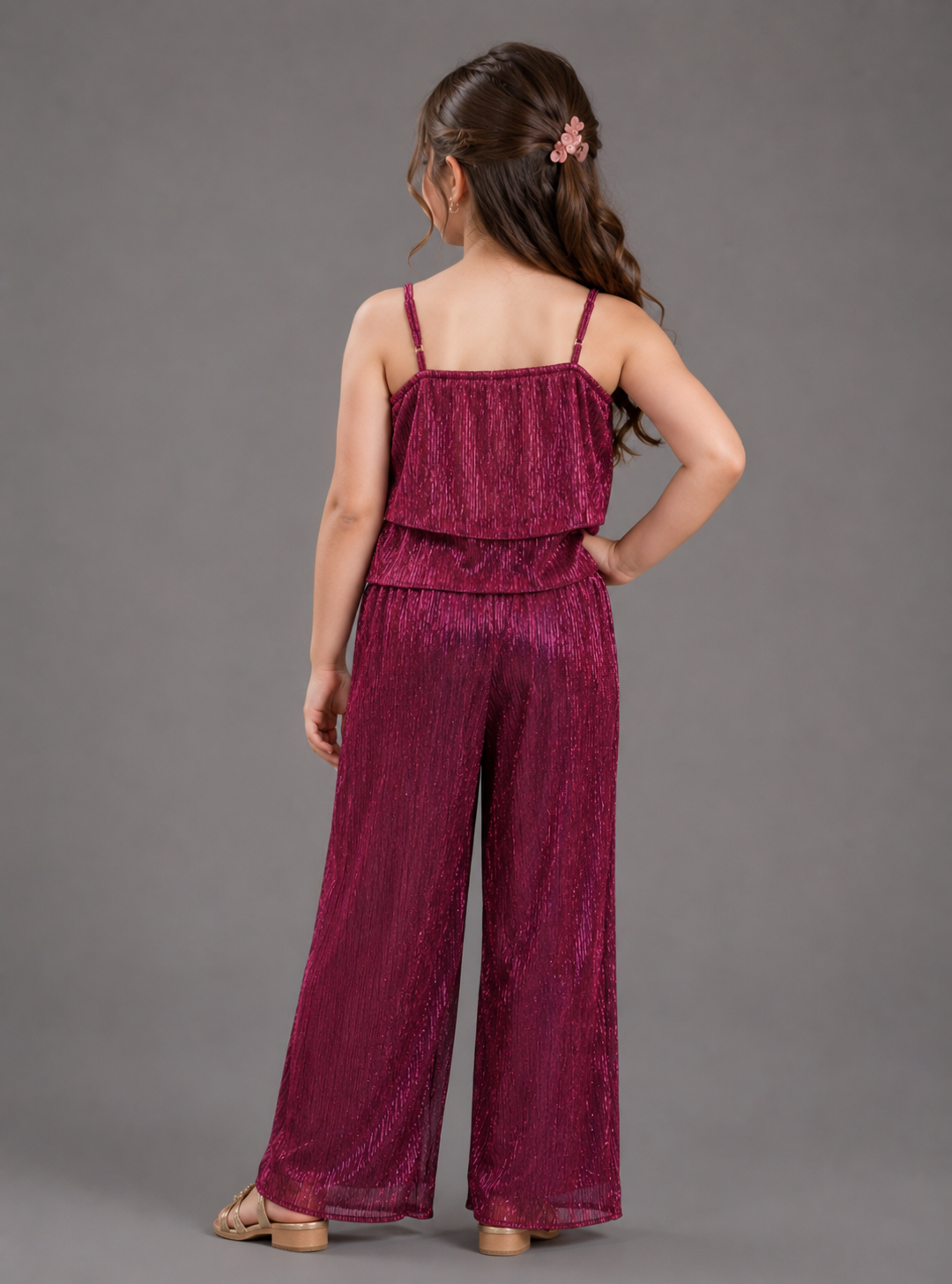 Spaghetti Wine Coloured Co-ord Set in Self Design for Girls