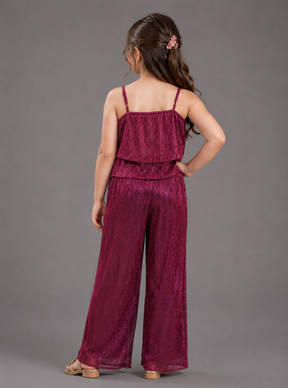 Spaghetti Wine Coloured Co-ord Set in Self Design for Girls