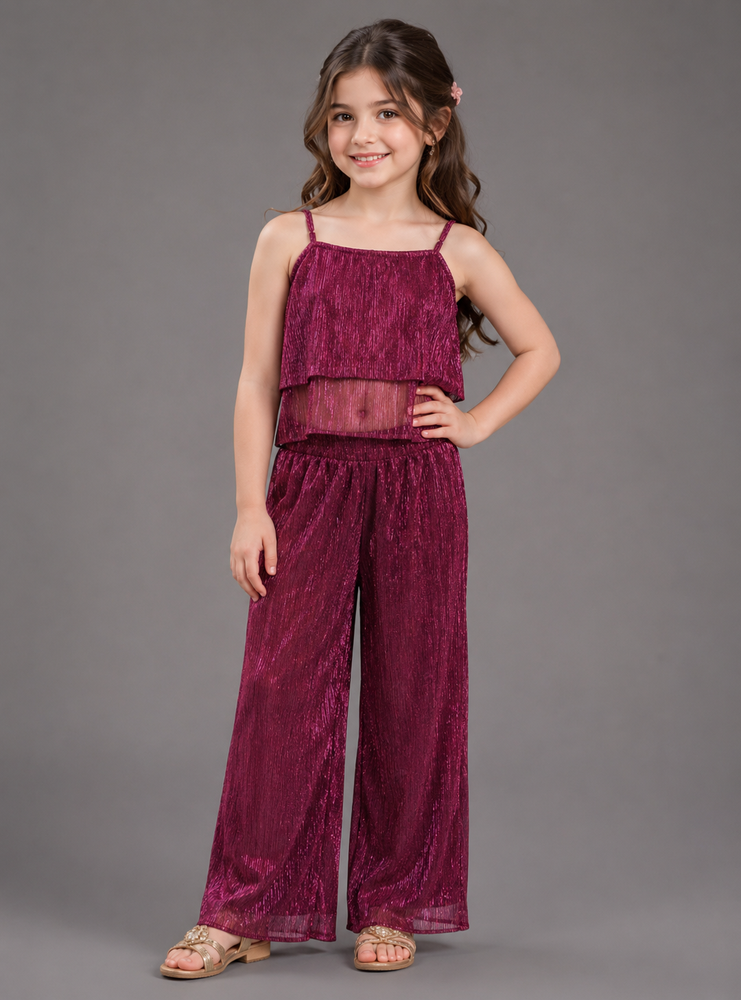 Spaghetti Wine Coloured Co-ord Set in Self Design for Girls