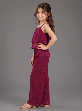 Spaghetti Wine Coloured Co-ord Set in Self Design for Girls