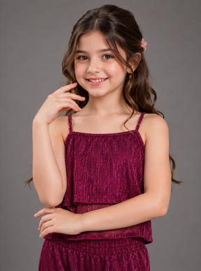 Spaghetti Wine Coloured Co-ord Set in Self Design for Girls