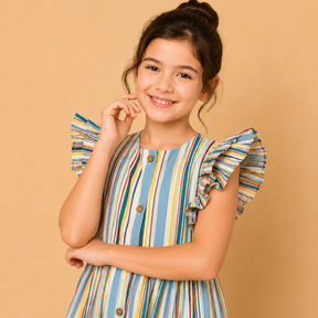 Multicolor Cotton Poplin Sleeveless Striped Dress for Girls
