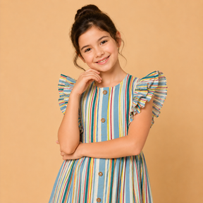 Multicolor Cotton Poplin Sleeveless Striped Dress for Girls