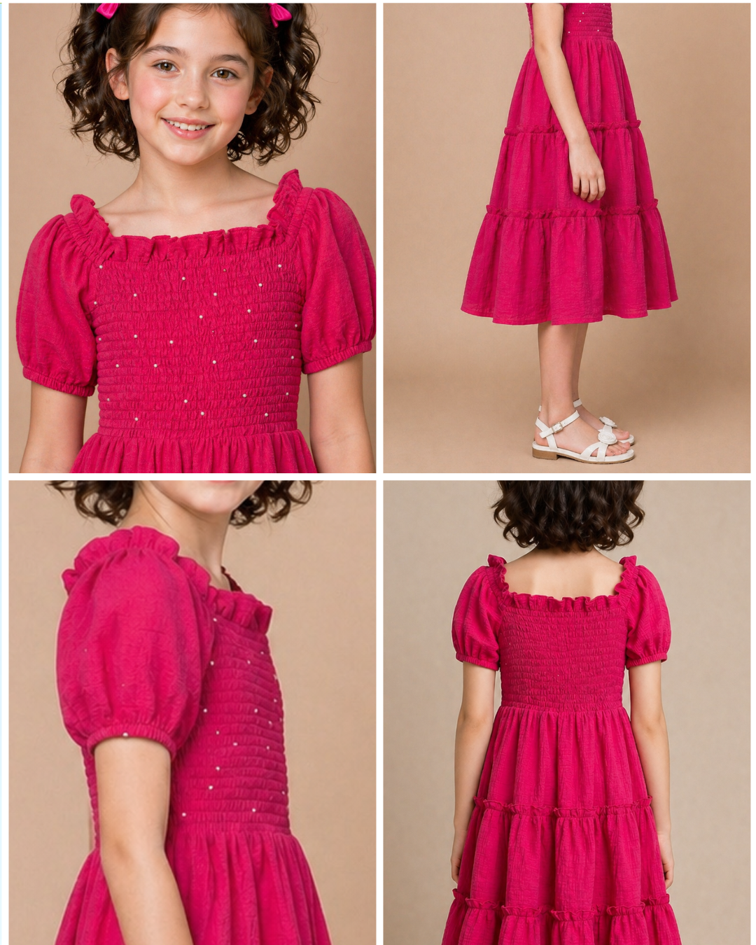 Hand worked Beads on Pure Cotton Hot Pink Textured Dress for Kids Girls
