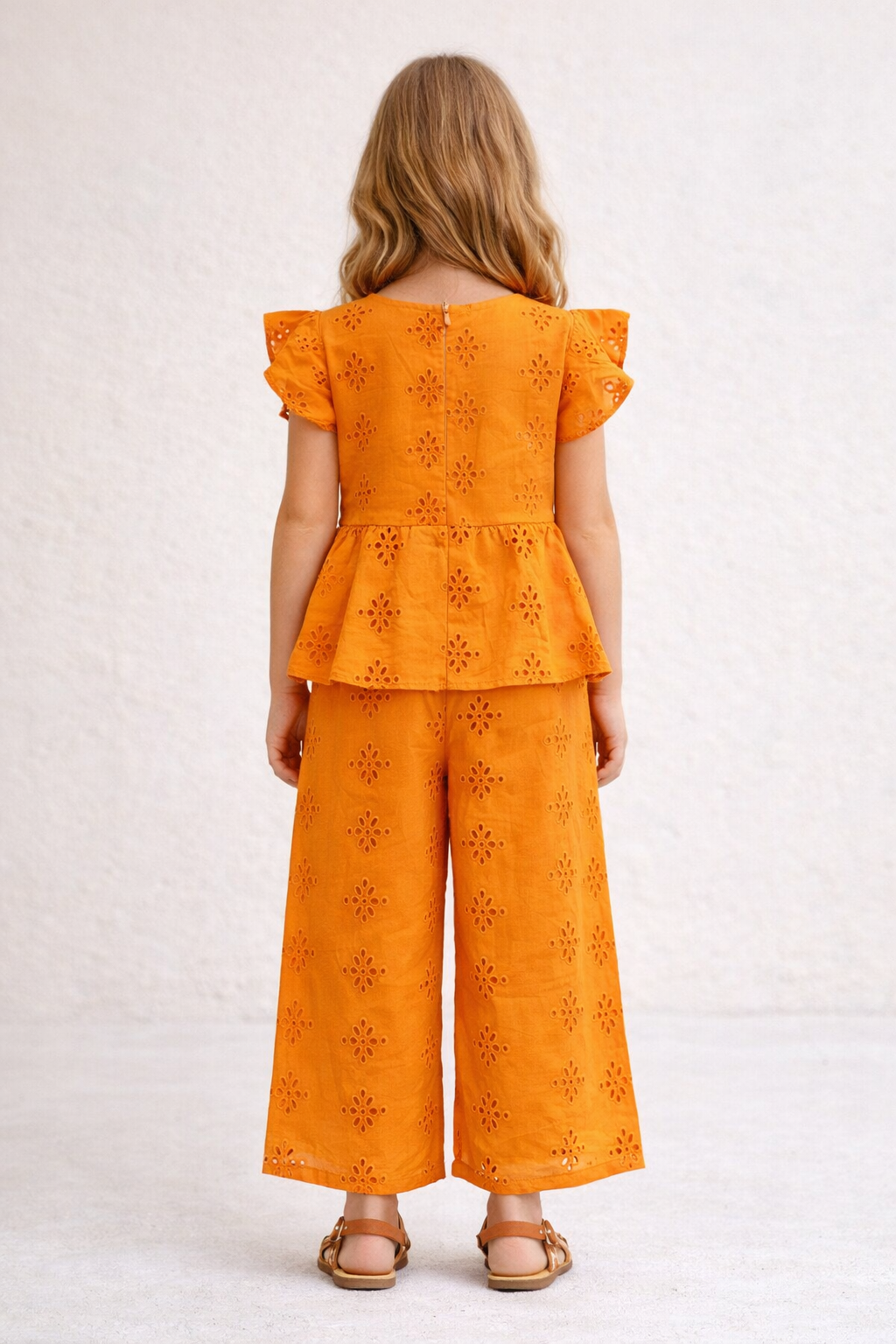 Burnt Orange Pure Cotton Floral Schiffli Top Bottom Co-ord set for Girls