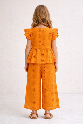 Burnt Orange Pure Cotton Floral Schiffli Top Bottom Co-ord set for Girls