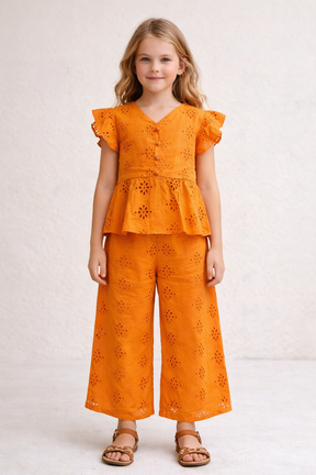 Burnt Orange Pure Cotton Floral Schiffli Top Bottom Co-ord set for Girls