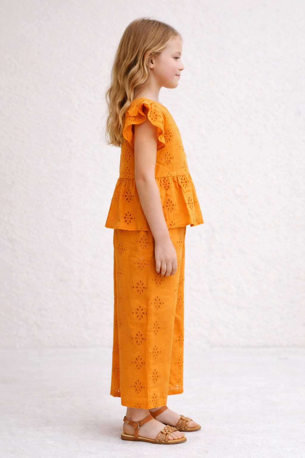 Burnt Orange Pure Cotton Floral Schiffli Top Bottom Co-ord set for Girls