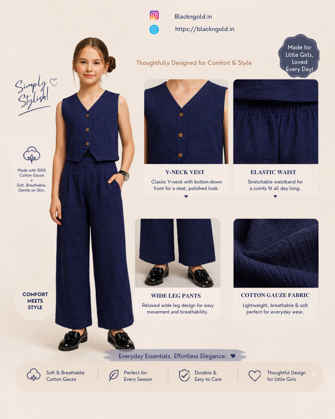 Navy Blue Gauze Textured Sleeveless Pure Cotton Co-ord Set for Girls