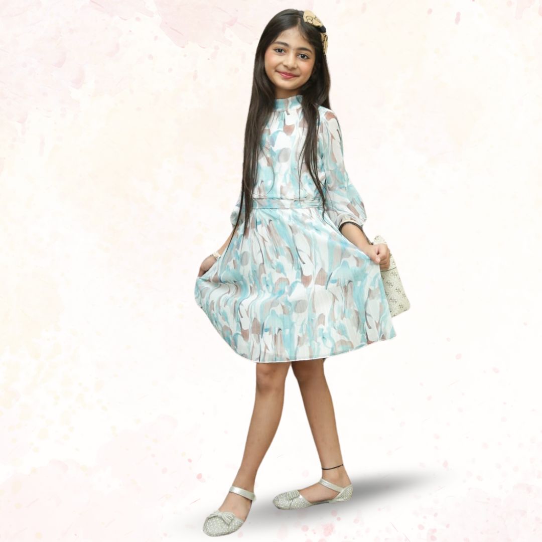 A - line Blue and White Clover Printed Girl Dress - Black & Gold