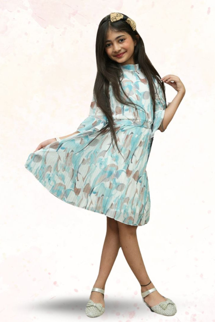 A - line Blue and White Clover Printed Girl Dress - Black & Gold