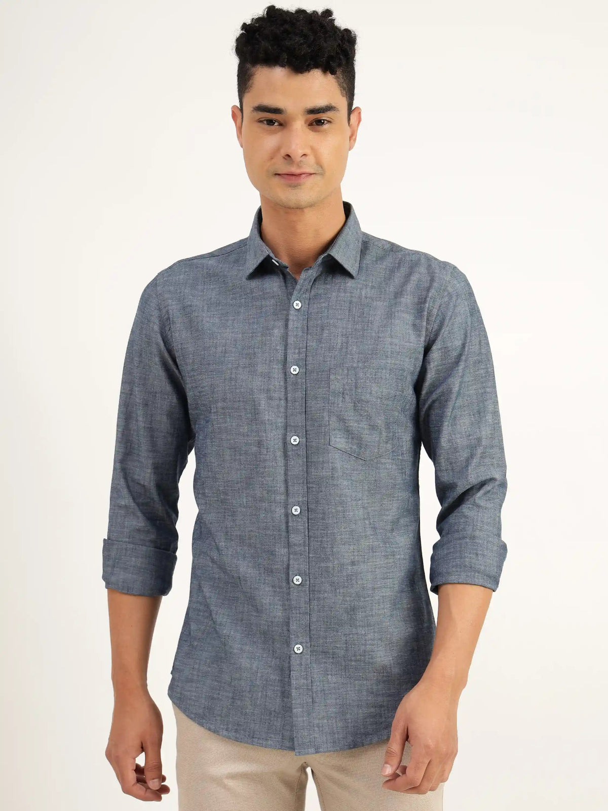 Ash Grey Chambray Cotton Shirt - Black & Gold