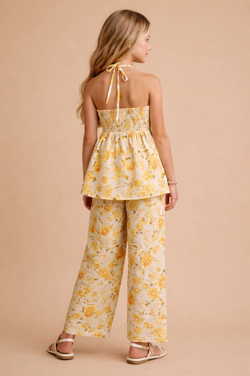 Halter Neck Yellow Digital floral Print Co-ord set for Girls in Natural Blended Fabric